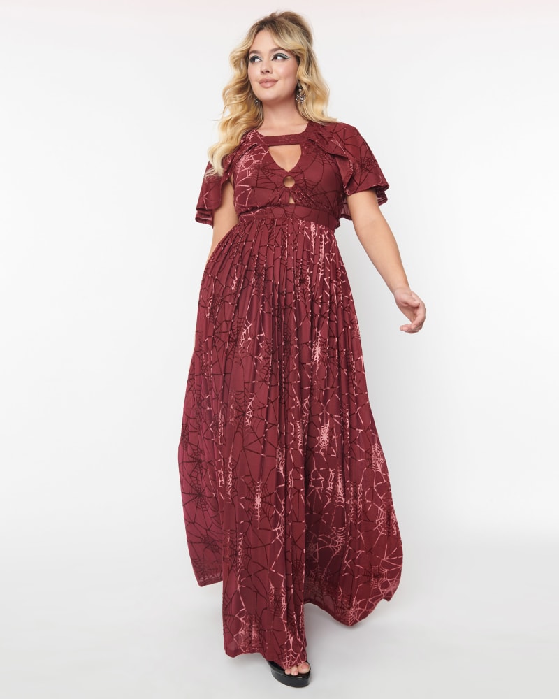 Front of a model wearing a size 3X Smak Parlour Burgundy & Velvet Spiderweb Cape Maxi Dress in Red by Smak Parlour. | dia_product_style_image_id:301009